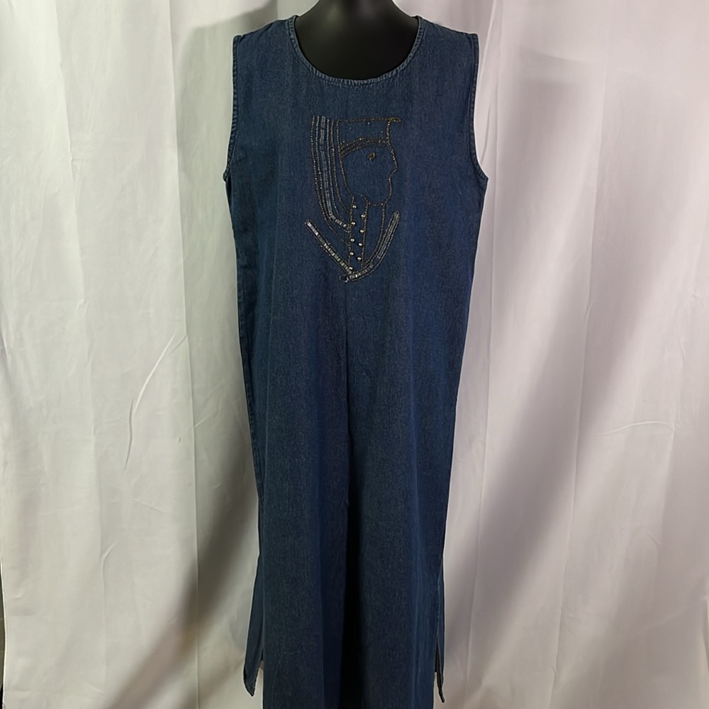 Vintage 90s The African Star Beaded Denim Jumper Dress
